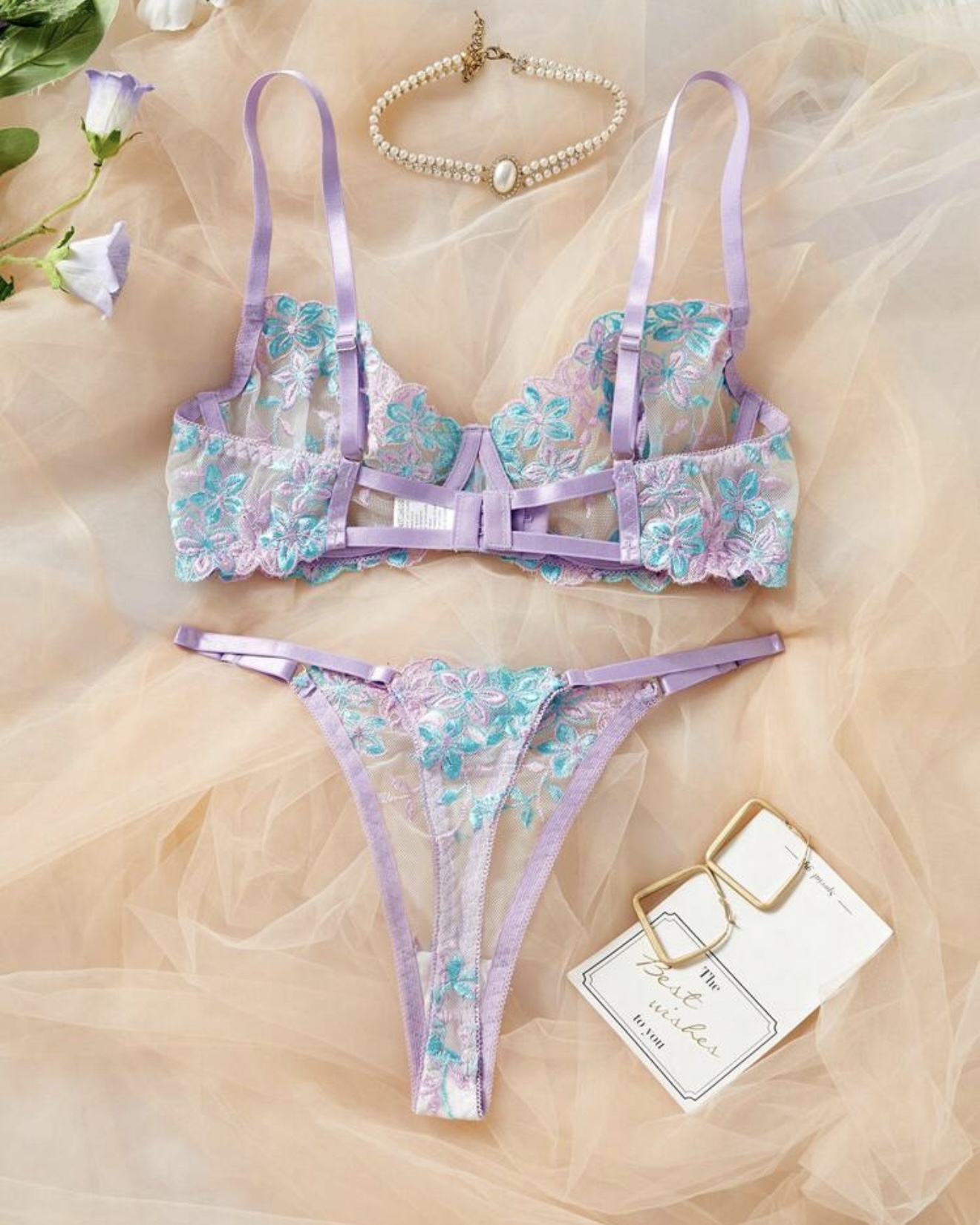 Ensemble à fleurs et Dentelle Mauve et Vert – Image 2